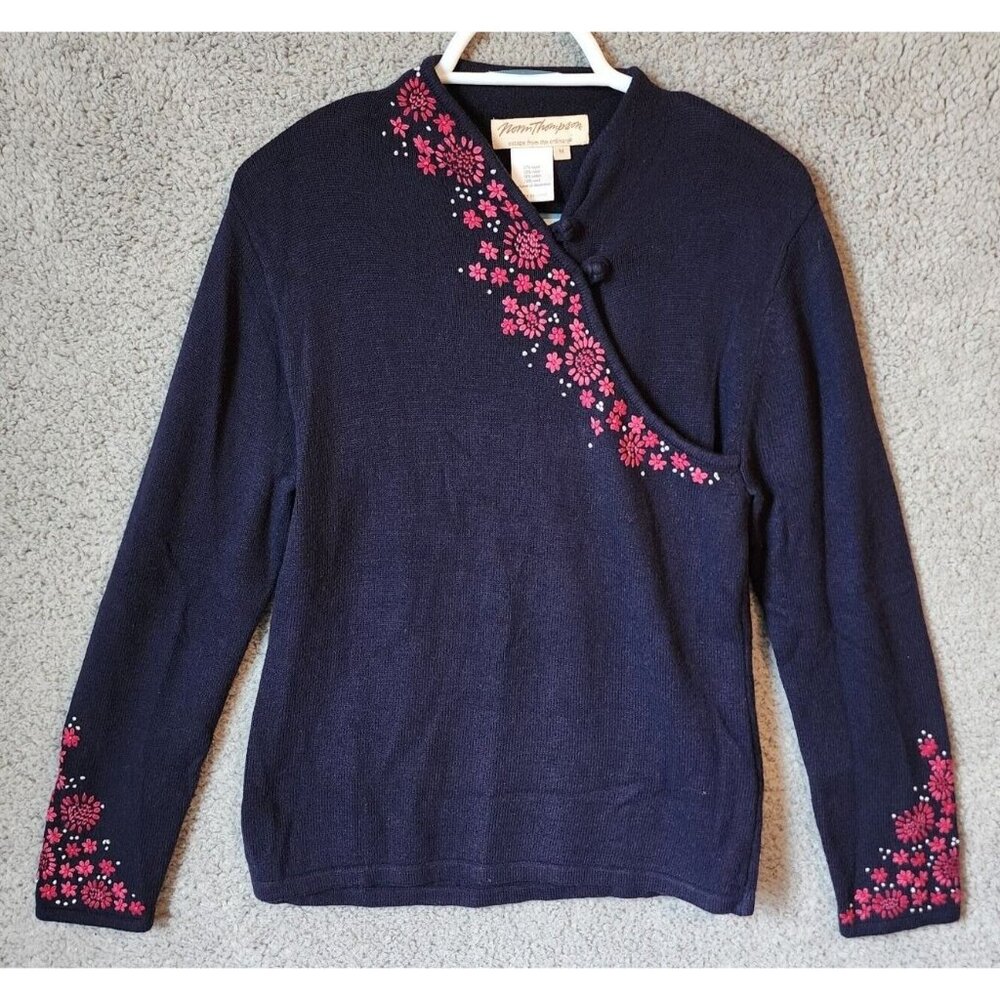 Norm Thompson Button Neck Sweater Wool Blend Embroidered Floral Blue/Pink Size M